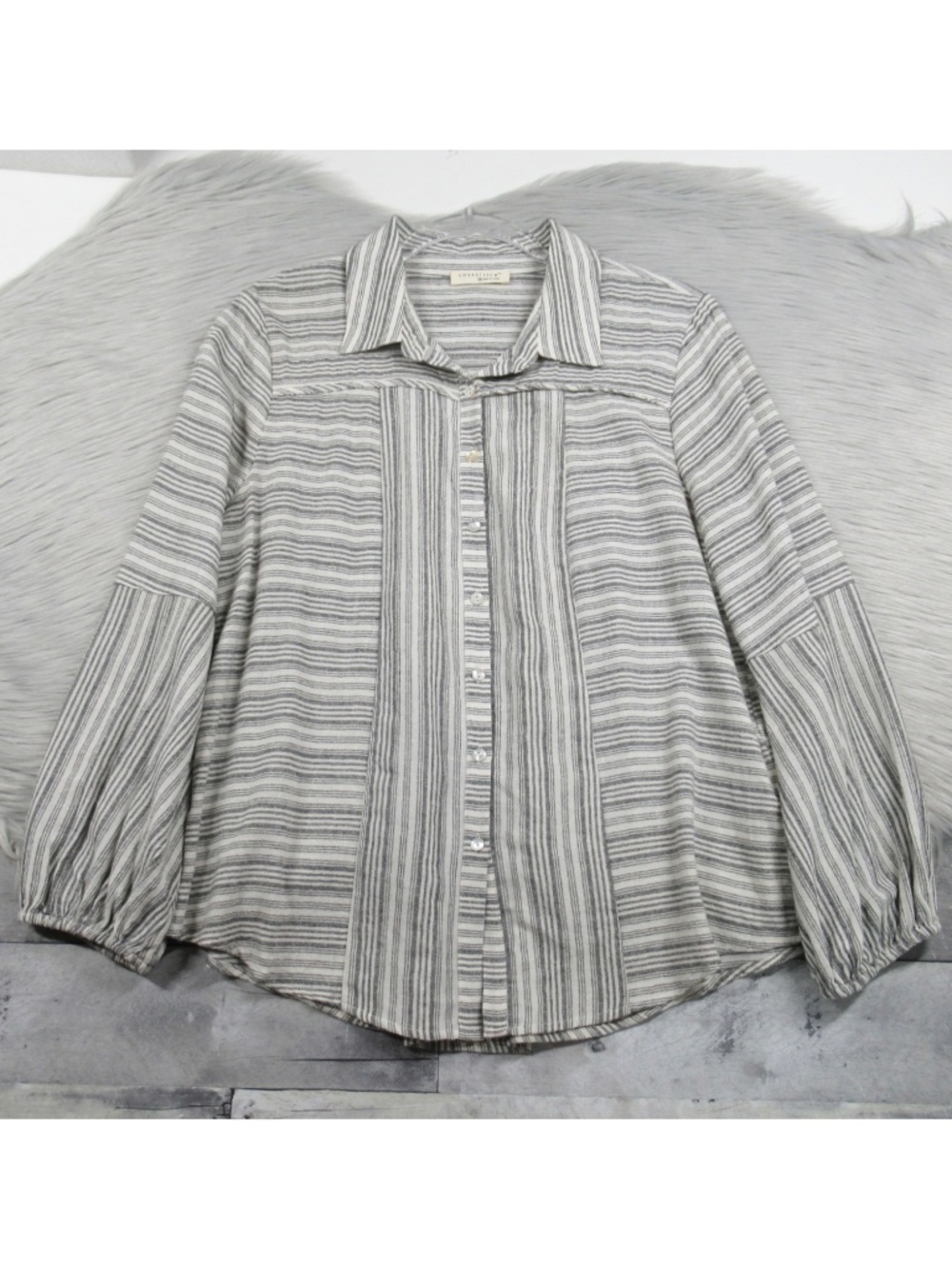 LOVESTITCH Cotton Linen Striped Button Down Shirt Top - Size Medium